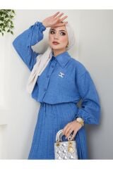 Kadın Gömlekli Piliseli Etekli  Takım Mavi - L/XL