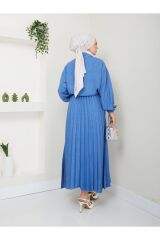 Kadın Gömlekli Piliseli Etekli  Takım Mavi - S/M