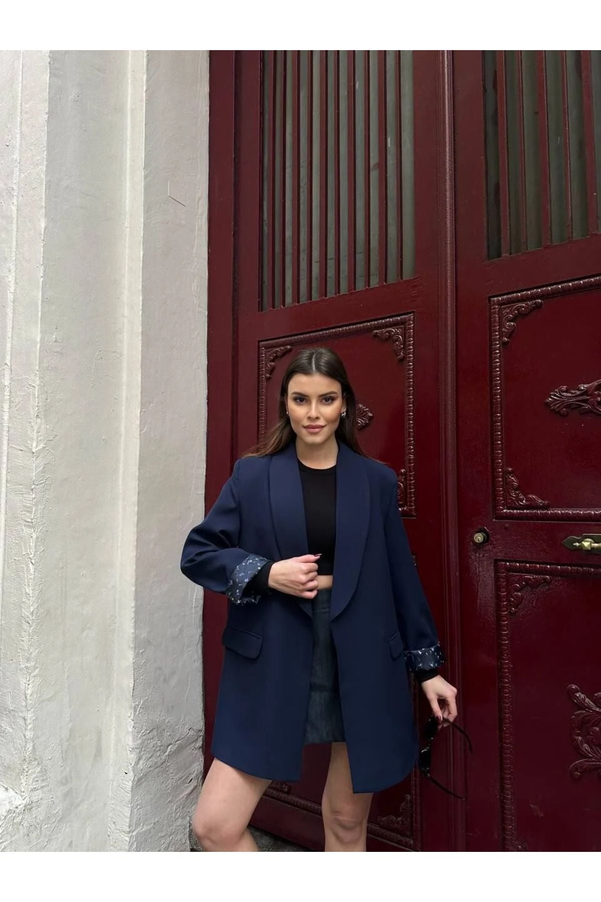 Kadın Leopar Desenli Astarlı Blazer Ceket Lacivert - M