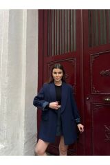 Kadın Leopar Desenli Astarlı Blazer Ceket Lacivert - M