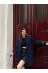 Kadın Leopar Desenli Astarlı Blazer Ceket Lacivert - L