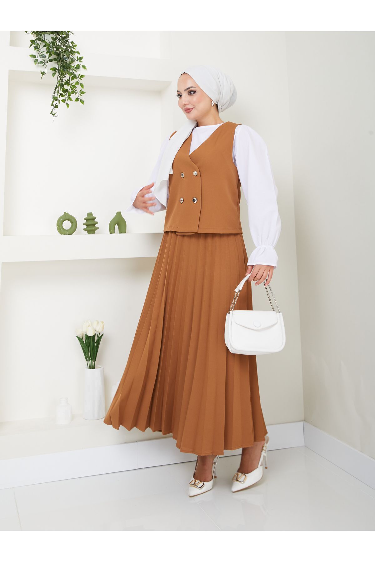 Kadın Piliseli Etekli Yelekli  2 Parça Tesettür Takım TABA - L/XL