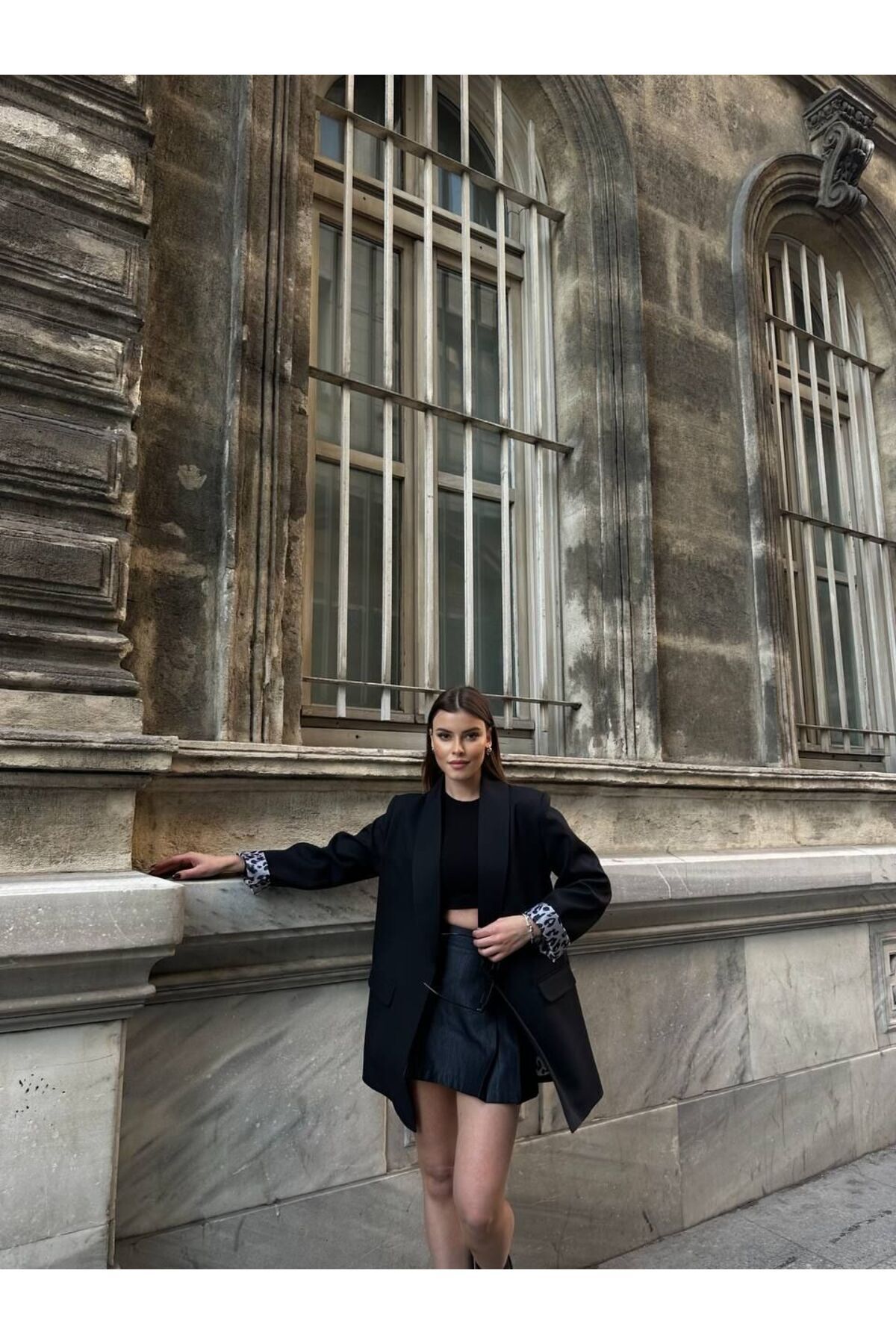 Kadın Leopar Desenli Astarlı Blazer Ceket Siyah - M