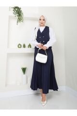 Kadın Piliseli Etekli Yelekli  2 Parça Tesettür Takım Lacivert - L/XL