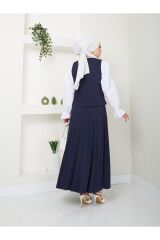 Kadın Piliseli Etekli Yelekli  2 Parça Tesettür Takım Lacivert - L/XL