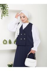 Kadın Piliseli Etekli Yelekli  2 Parça Tesettür Takım Lacivert - L/XL