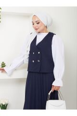 Kadın Piliseli Etekli Yelekli  2 Parça Tesettür Takım Lacivert - S/M
