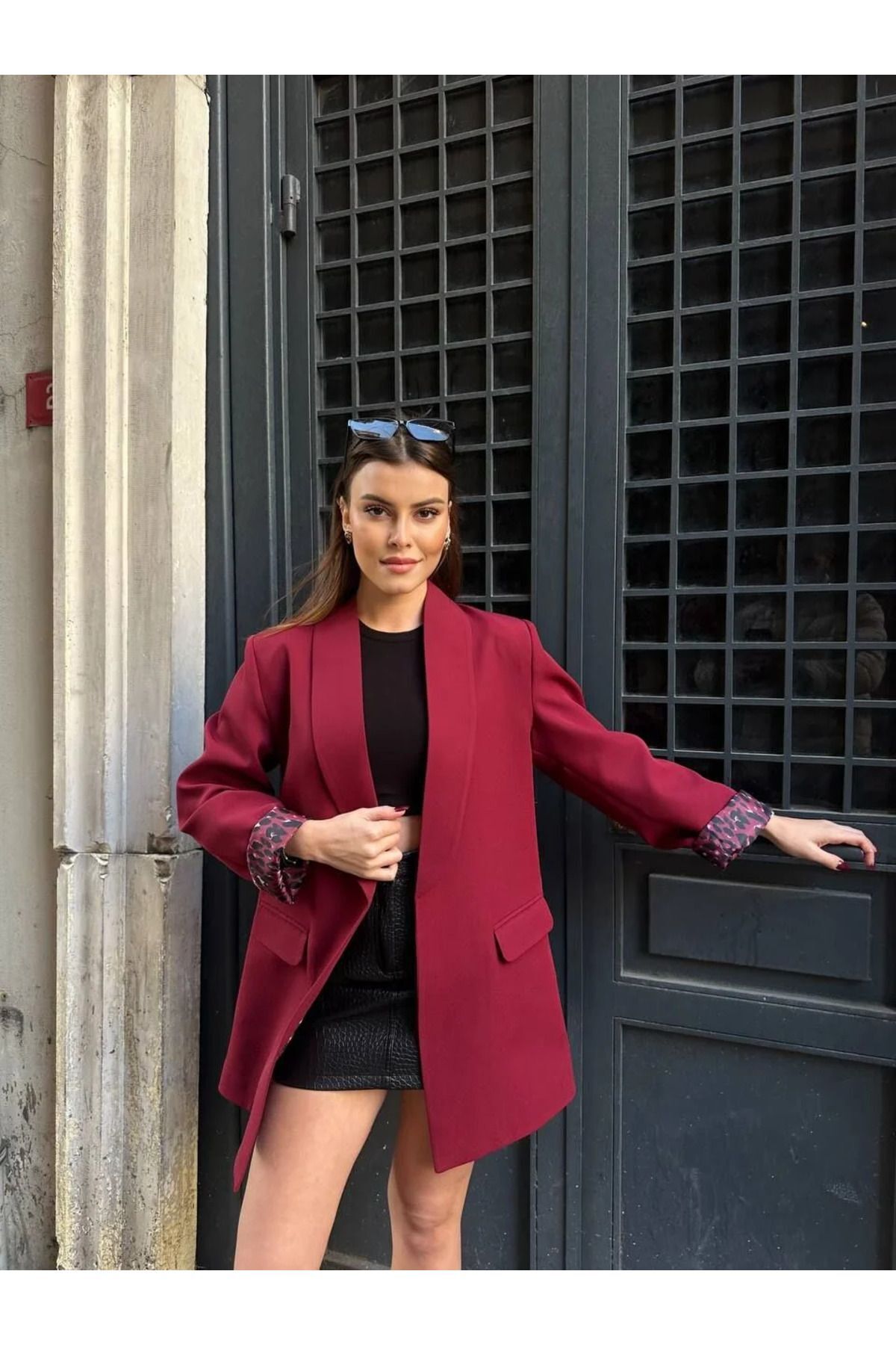 Kadın Leopar Desenli Astarlı Blazer Ceket Bordo - S