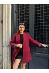 Kadın Leopar Desenli Astarlı Blazer Ceket Bordo - M
