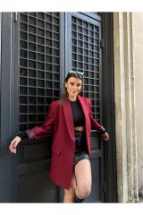 Kadın Leopar Desenli Astarlı Blazer Ceket Bordo - M