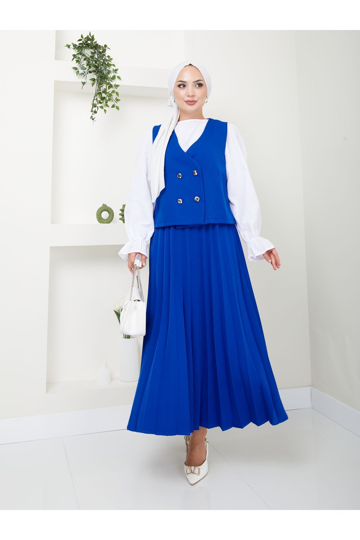 Kadın Piliseli Etekli Yelekli  2 Parça Tesettür Takım Mavi - L/XL