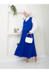 Kadın Piliseli Etekli Yelekli  2 Parça Tesettür Takım Mavi - L/XL