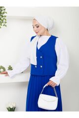 Kadın Piliseli Etekli Yelekli  2 Parça Tesettür Takım Mavi - L/XL