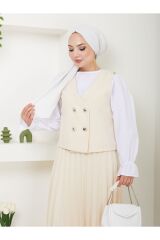 Kadın Piliseli Etekli Yelekli  2 Parça Tesettür Takım Krem - L/XL