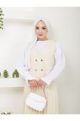 Kadın Piliseli Etekli Yelekli  2 Parça Tesettür Takım Krem - L/XL