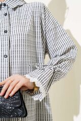 Kadın Çizgili Kolu Dantelli Gofre Gömlek Siyah - L/XL
