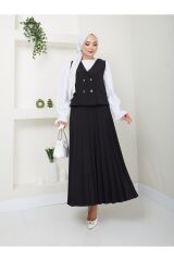 Kadın Piliseli Etekli Yelekli  2 Parça Tesettür Takım Siyah - L/XL