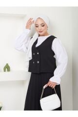 Kadın Piliseli Etekli Yelekli  2 Parça Tesettür Takım Siyah - L/XL