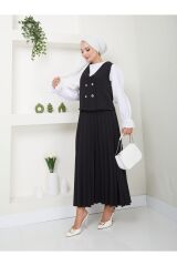Kadın Piliseli Etekli Yelekli  2 Parça Tesettür Takım Siyah - S/M