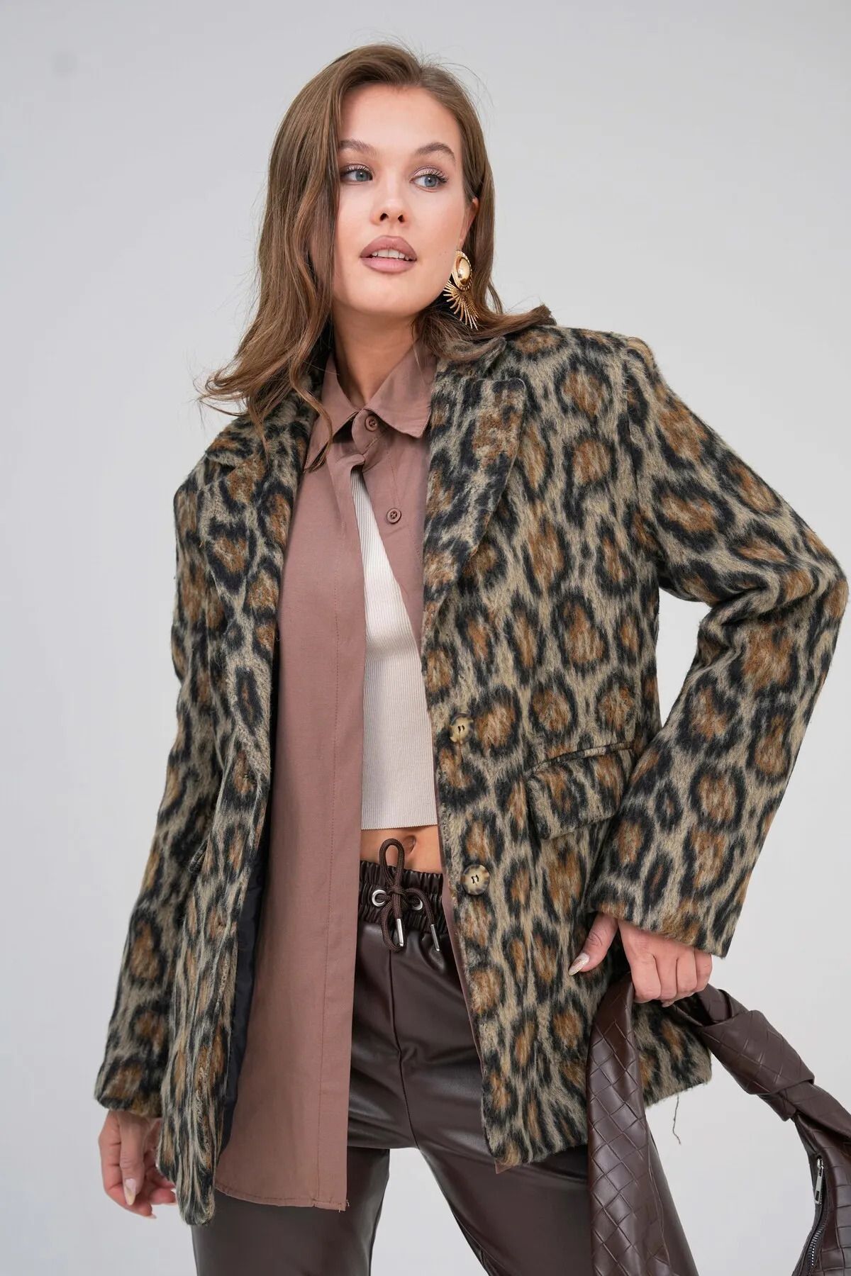 Kadın Deri Biyeli Leopar Desen Ceket Leopar
