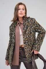 Kadın Deri Biyeli Leopar Desen Ceket Leopar