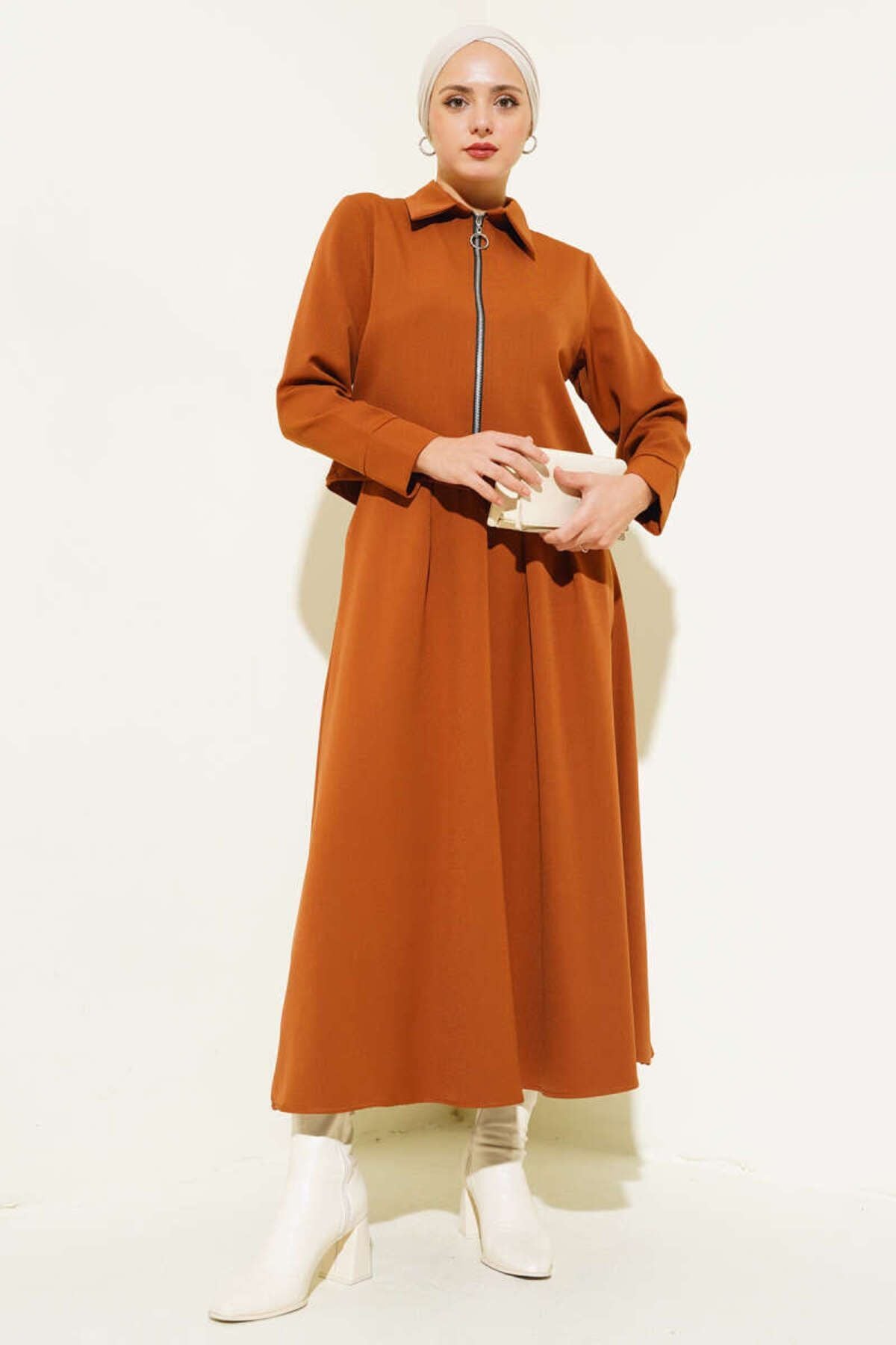Kadın Fermuarlı Kİloş Etekli İkili Takım Kahverengi - 2XL