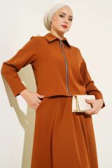 Kadın Fermuarlı Kİloş Etekli İkili Takım Kahverengi - 2XL