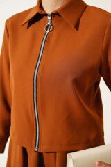 Kadın Fermuarlı Kİloş Etekli İkili Takım Kahverengi - 2XL