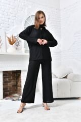 Kadın Göğüs Cepli Geniş Paça Pantolunlu Takım Siyah - XL