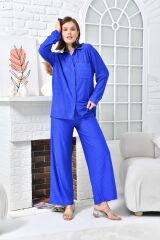 Kadın Göğüs Cepli Geniş Paça Pantolunlu Takım İNDİGO - XL