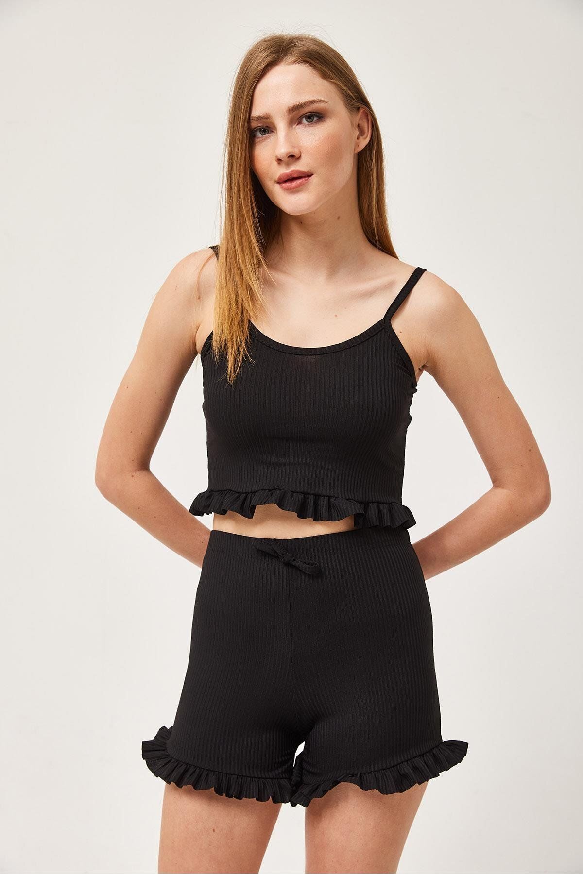 Kadın Askılı Fırfırlı Şortlu Pijama Takım Siyah - S
