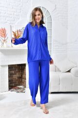 Kadın Göğüs Cepli Geniş Paça Pantolunlu Takım İNDİGO - L