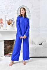 Kadın Göğüs Cepli Geniş Paça Pantolunlu Takım İNDİGO - M