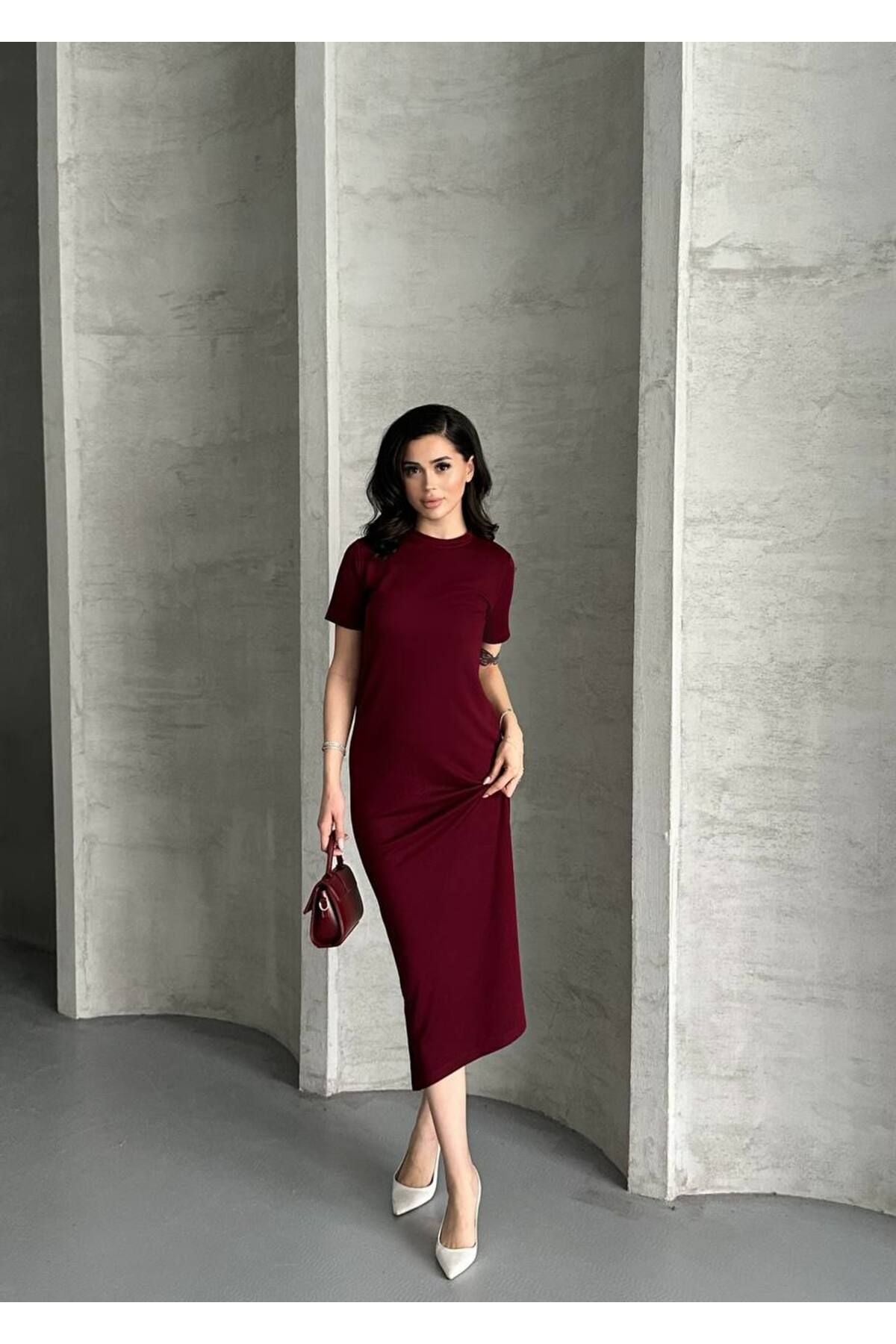 Kadın Modal Kumaş Basic Elbise Bordo - L