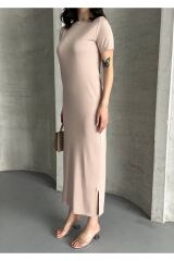 Kadın Modal Kumaş Basic Elbise Bej - M
