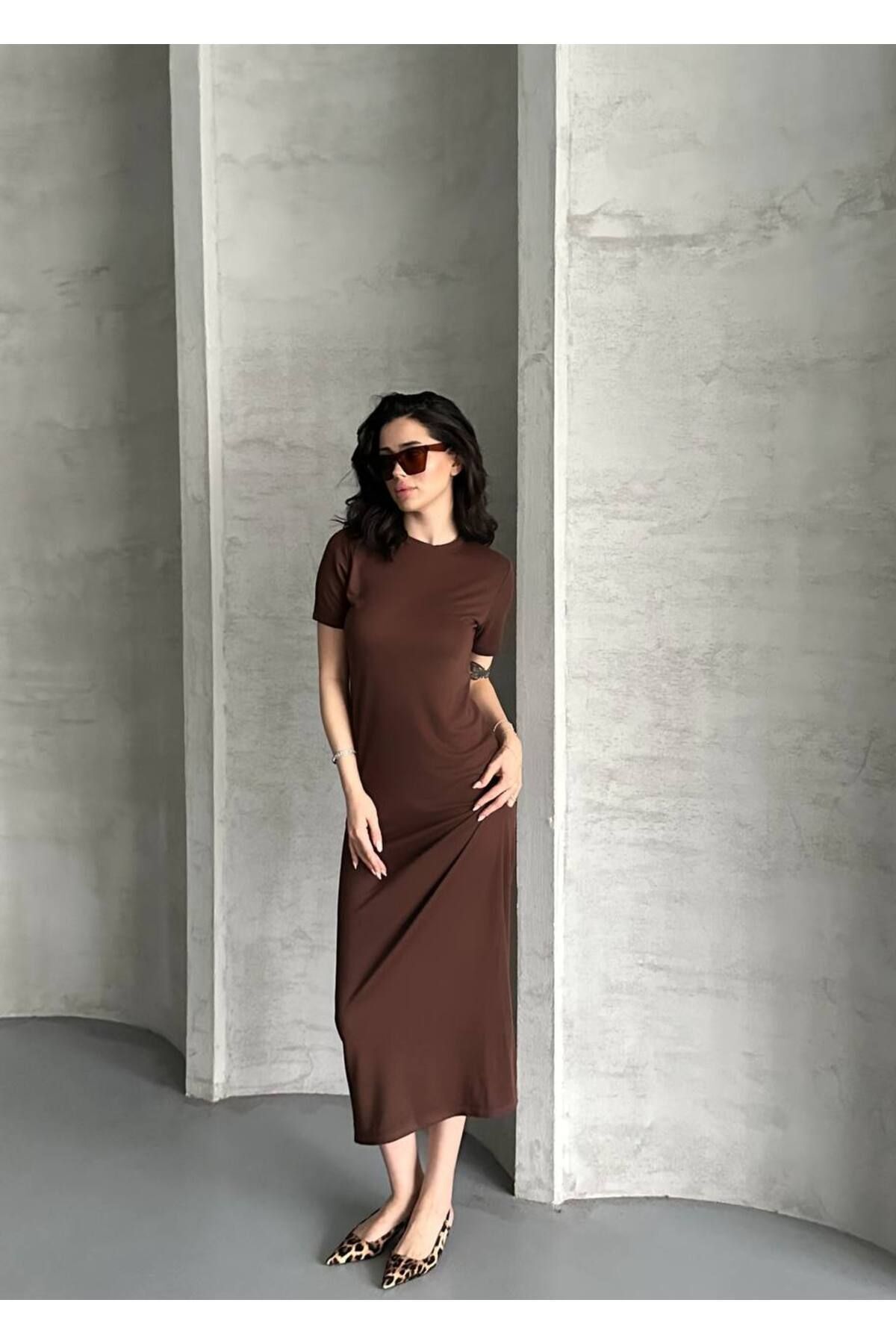 Kadın Modal Kumaş Basic Elbise Kahverengi - S