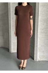 Kadın Modal Kumaş Basic Elbise Kahverengi - S