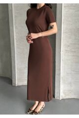 Kadın Modal Kumaş Basic Elbise Kahverengi - S