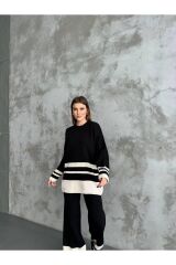 Kadın Pantolonlu Şeritli Triko Takım Siyah - Standart