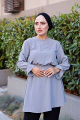 Kadın Bel Ve Kol Büzgülü Ayrobin Tunik Gri - 36