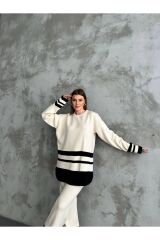 Kadın Pantolonlu Şeritli Triko Takım Krem - Standart