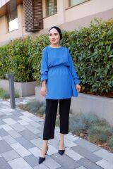 Kadın Bel Ve Kol Büzgülü Ayrobin Tunik Mavi - 42