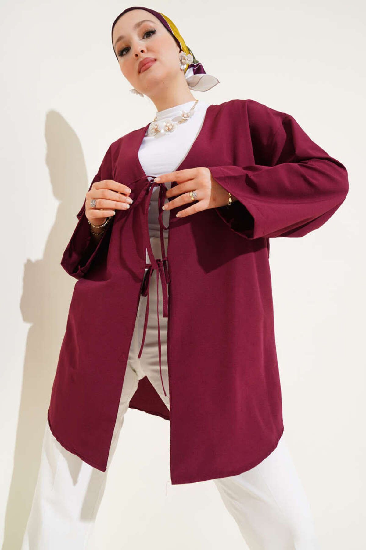 Çift Bağcıklı Poplin Kimono Bordo - L/XL