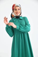 Kadın Düğmeli Gömlek Yaka Balon Kol Tesettür Elbise Yeşil - L