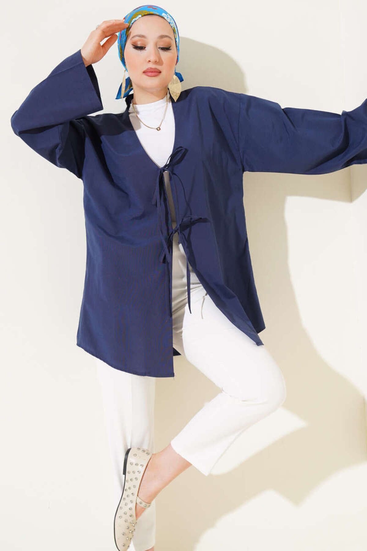 Çift Bağcıklı Poplin Kimono Lacivert - S/M