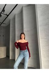 Kadın Madonna Yaka Uzun Kollu Bluz Bordo - M