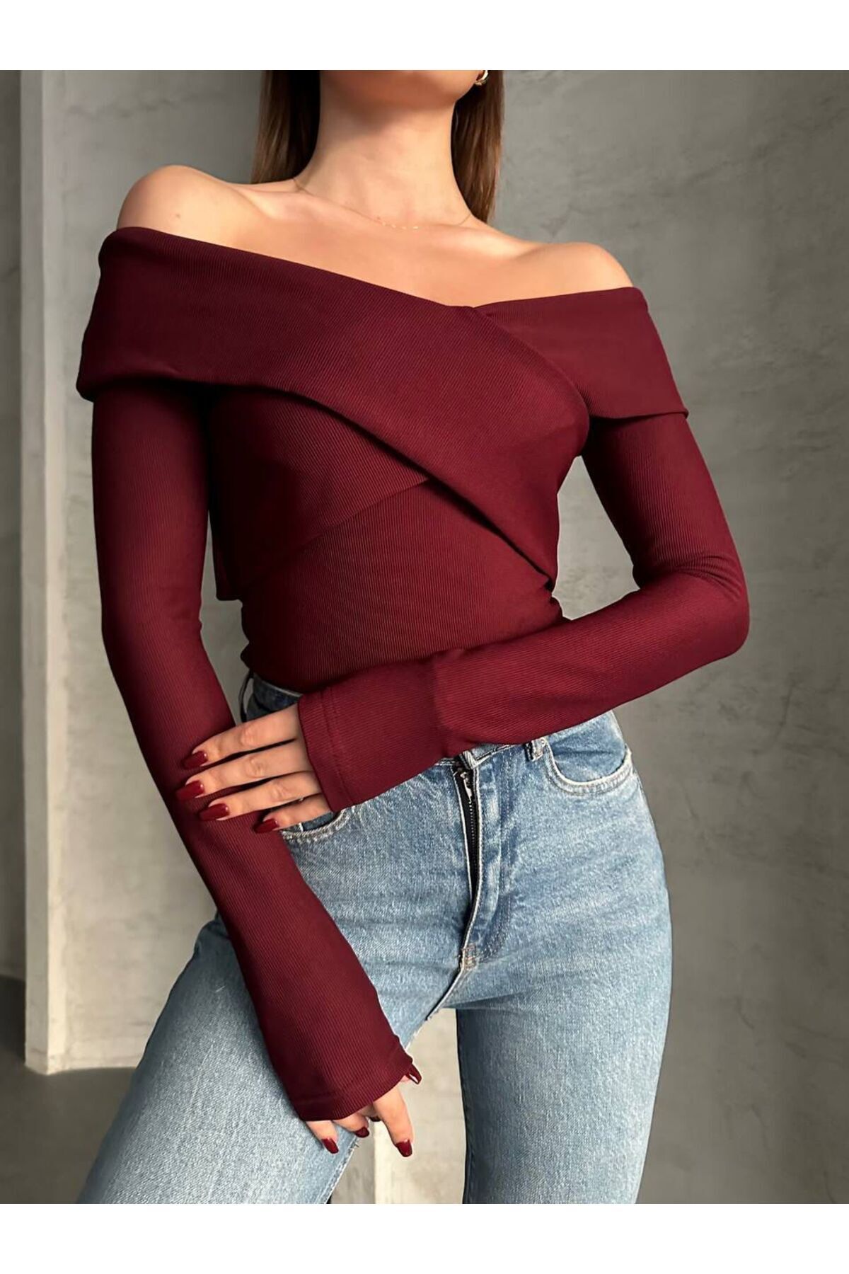 Kadın Madonna Yaka Uzun Kollu Bluz Bordo - S