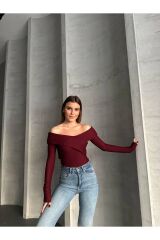 Kadın Madonna Yaka Uzun Kollu Bluz Bordo - S