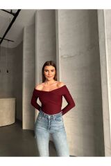 Kadın Madonna Yaka Uzun Kollu Bluz Bordo - S