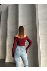 Kadın Madonna Yaka Uzun Kollu Bluz Bordo - S